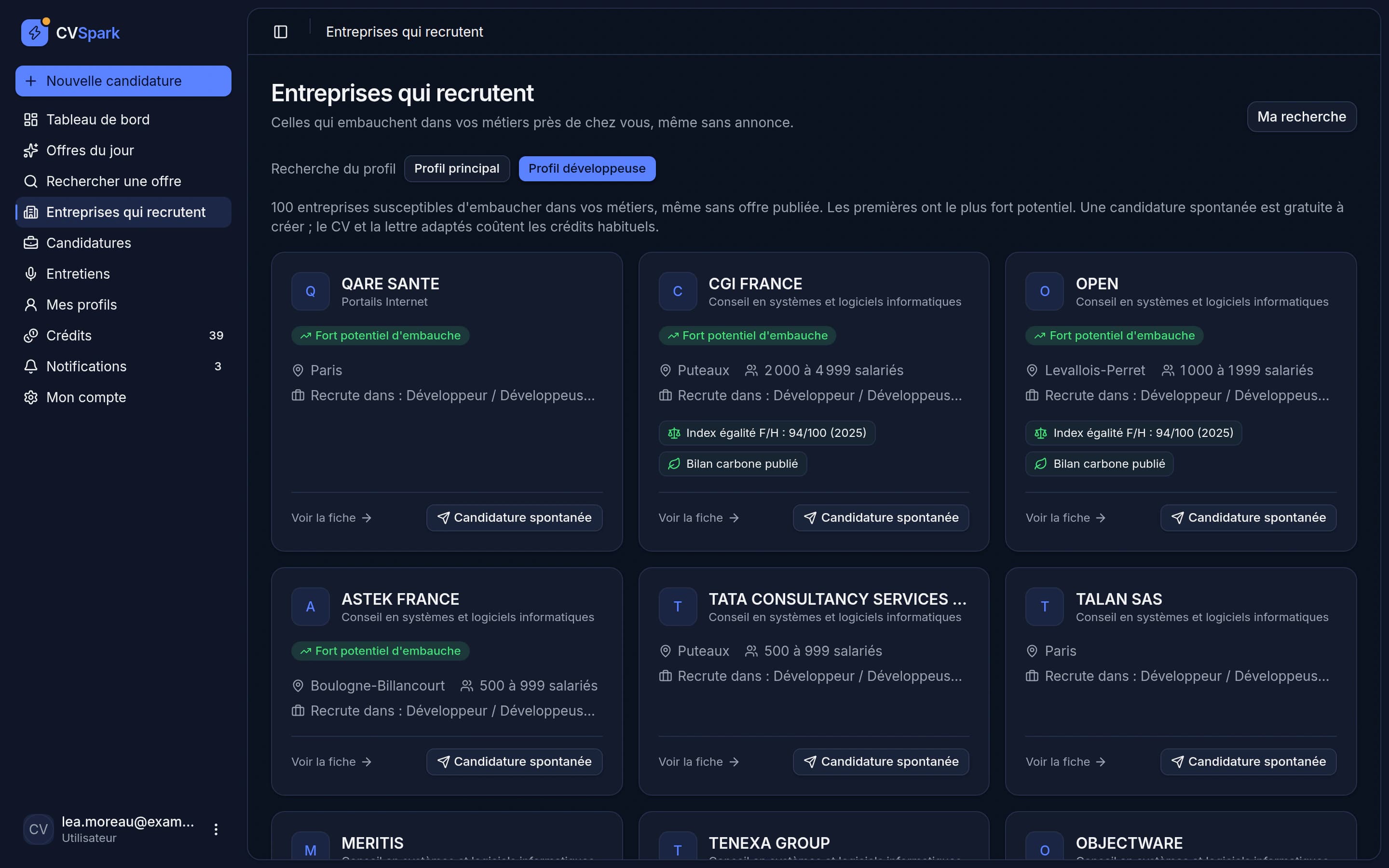 Liste des entreprises qui recrutent dans Jobspark avec potentiel d'embauche, taille et distance
