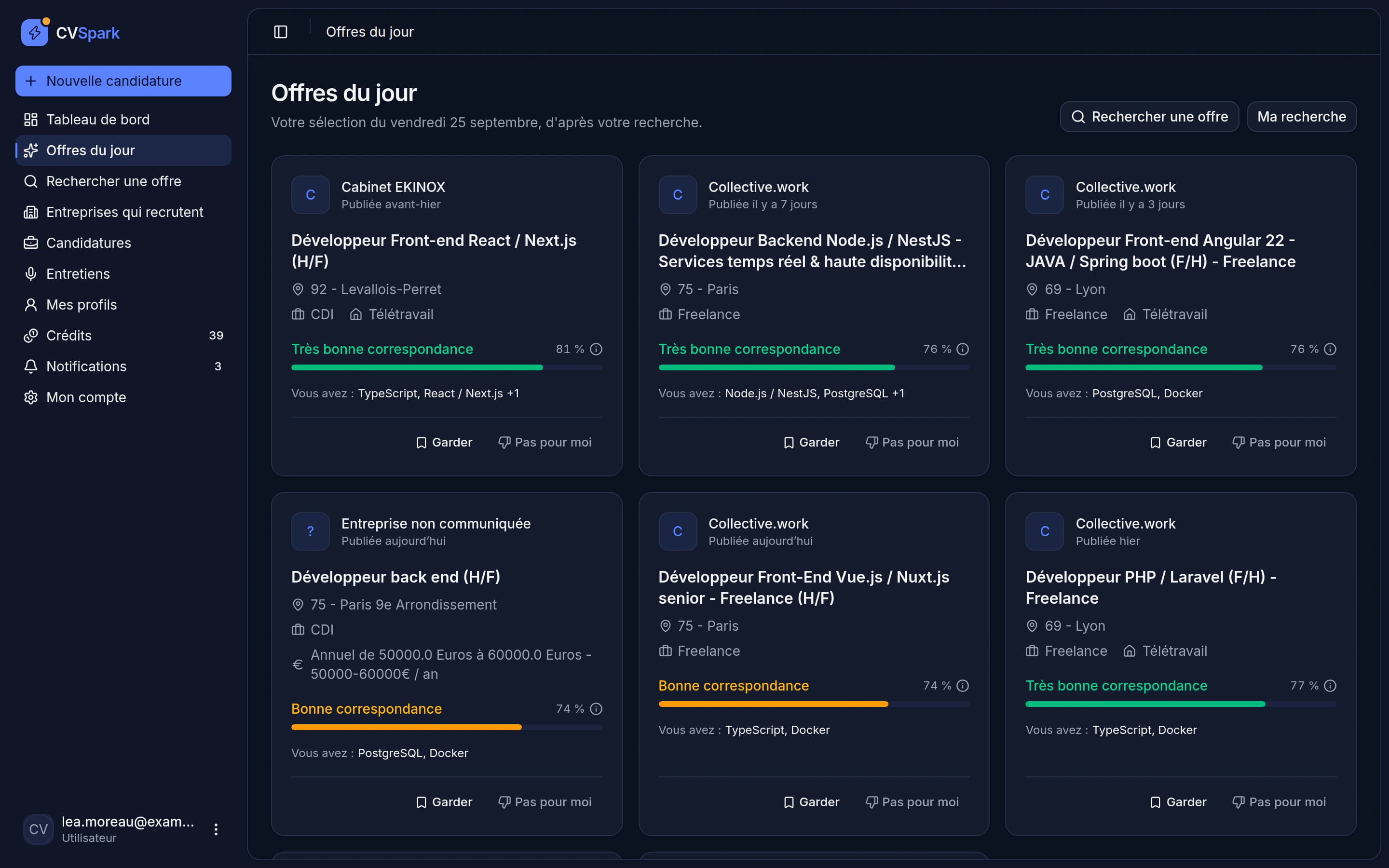 Offres du jour dans Jobspark : offres classées pour le profil, avec score de correspondance