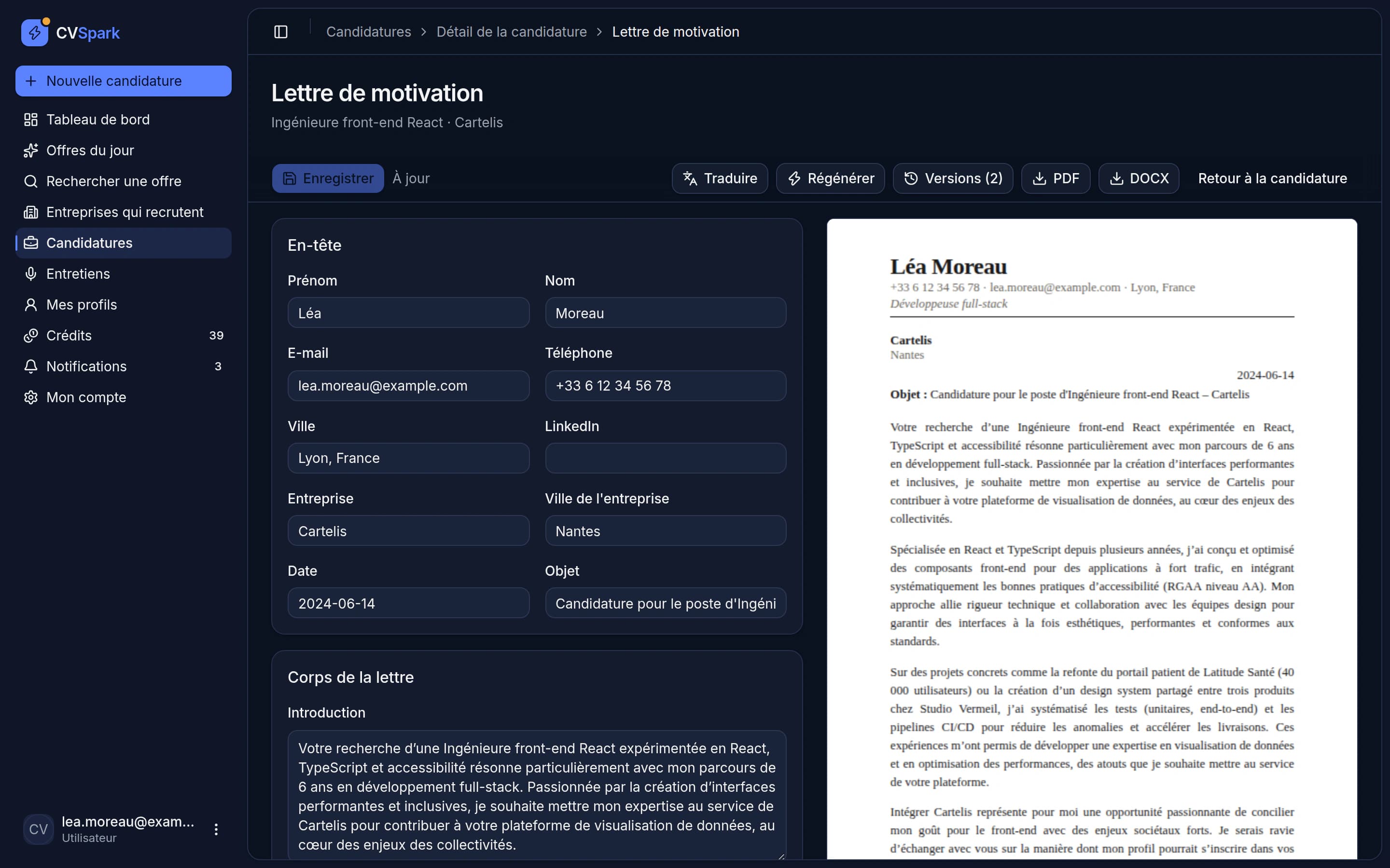 Éditeur de lettre de motivation avec aperçu