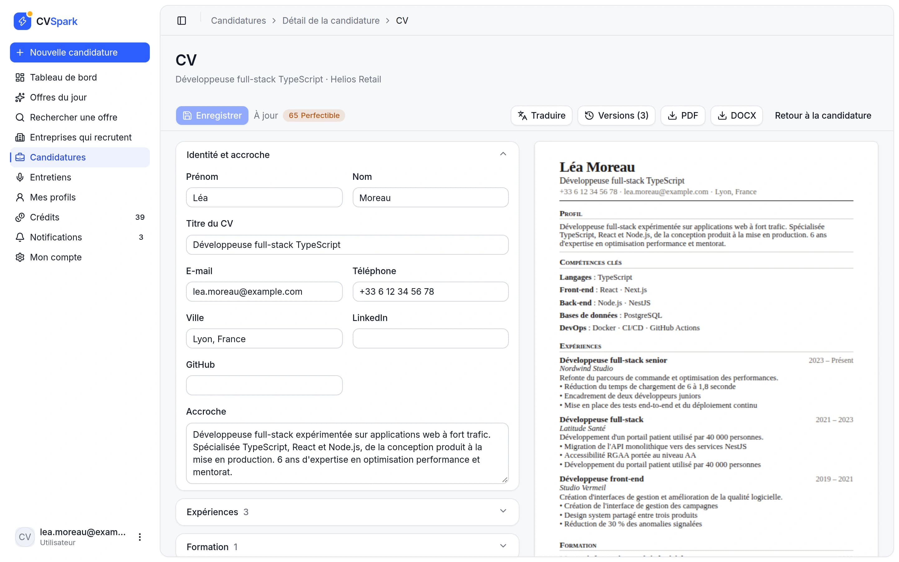 Éditeur de CV avec l'aperçu A4 du document adapté