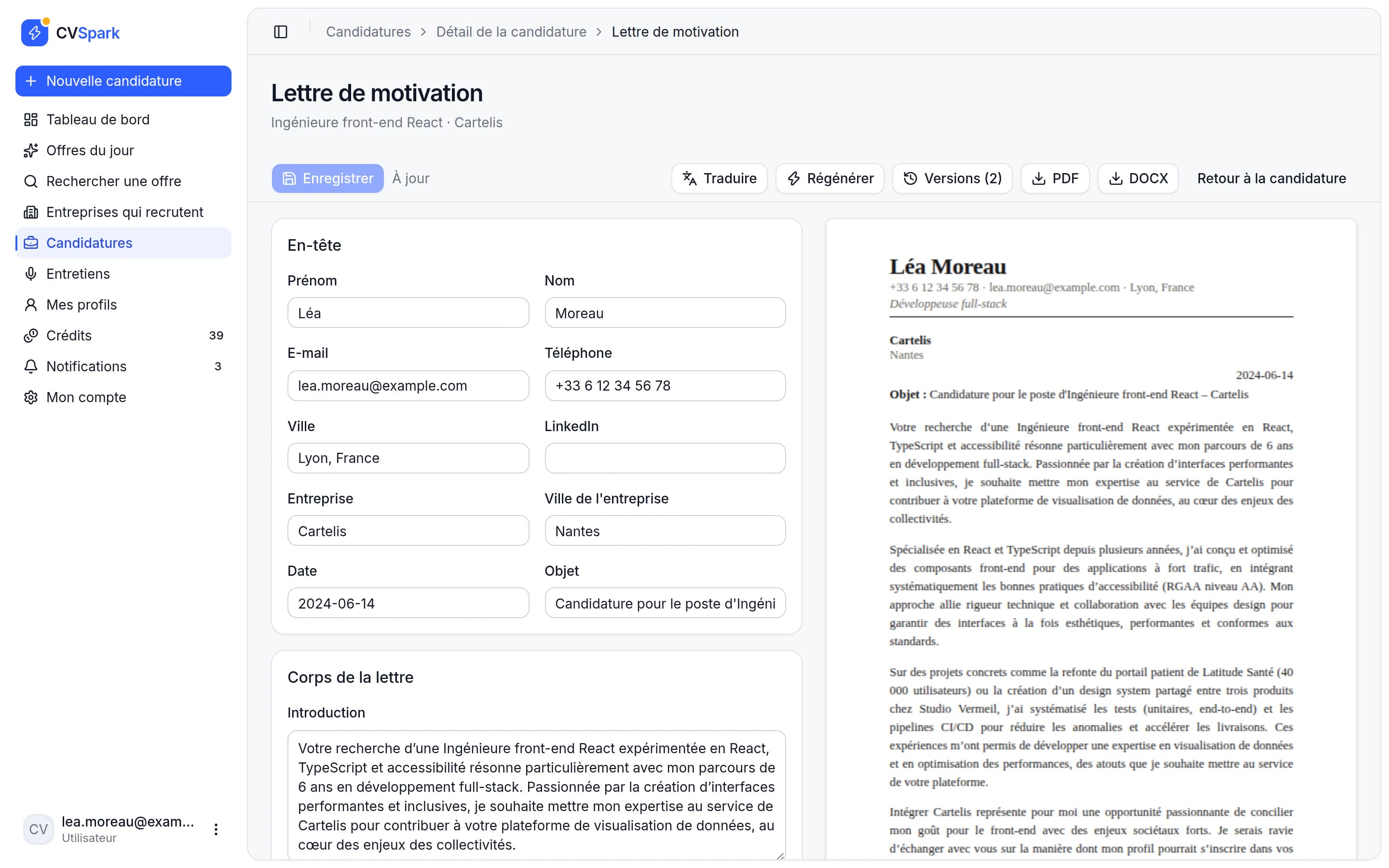 Éditeur de lettre de motivation avec aperçu