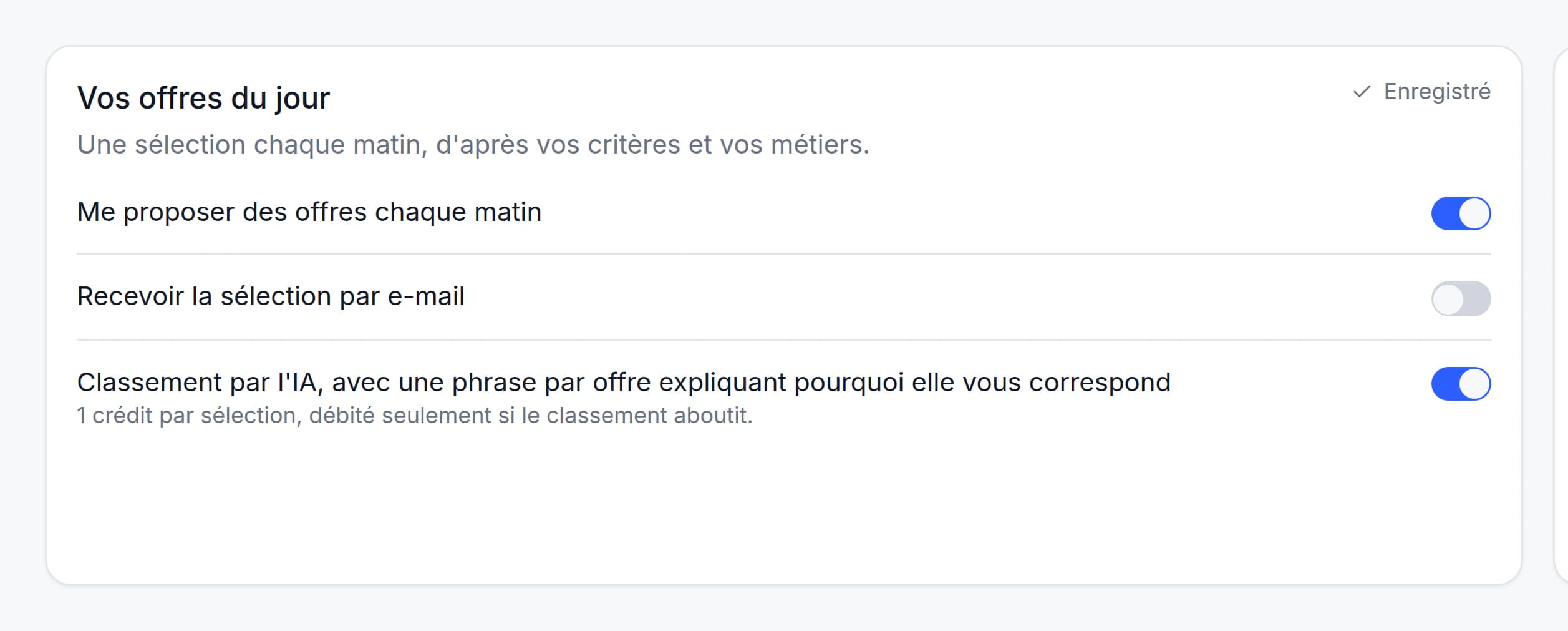 Réglages des alertes de recherche avec l'e-mail du matin et l'interrupteur du classement IA